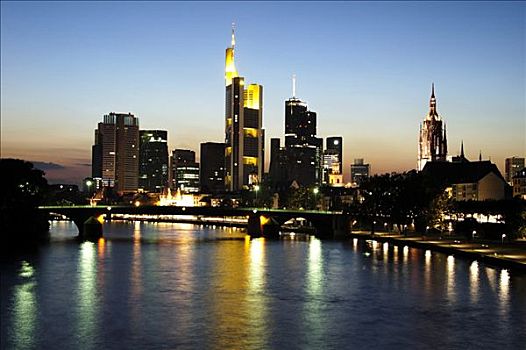 法兰克福,金融中心,天际线,黄昏,右边,大教堂,德国,欧洲