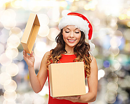 圣诞节,休假,庆贺,人,概念,微笑,女人,圣诞老人,帽子,礼盒,上方,背景