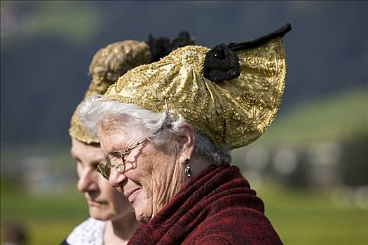 女人,穿,金色,帽子,2008年,节日,山谷,北方,提洛尔,奥地利,欧洲