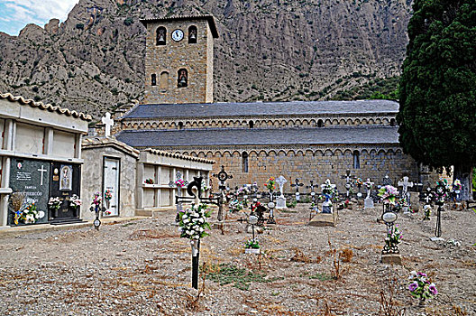 墓地,教堂,乡村,比利牛斯山脉,胡斯卡省,阿拉贡,西班牙