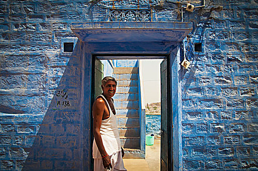 头像,老人,倚靠,蓝色,墙,拉贾斯坦邦,印度