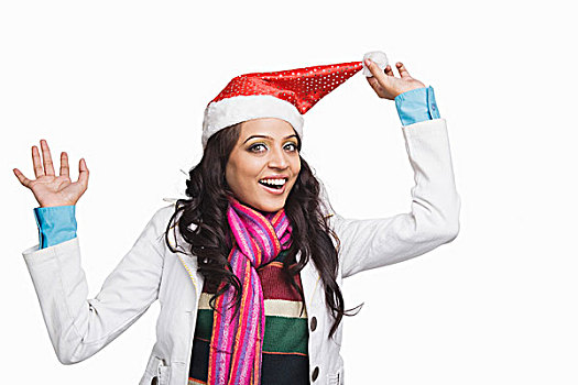 女人,穿,圣诞帽,笑