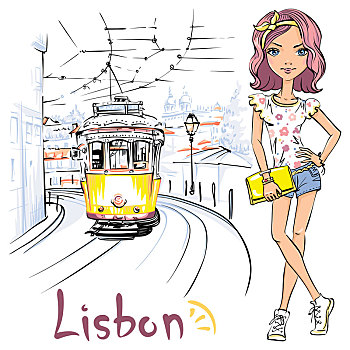女孩,黄色,有轨电车,阿尔法马区,里斯本,葡萄牙
