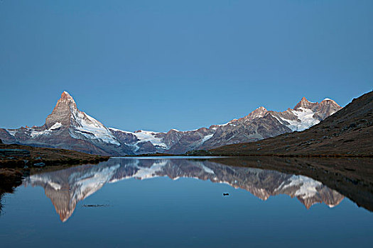 清晨,马塔角,反射,湖,策马特峰,瓦莱,阿尔卑斯山,瑞士,欧洲