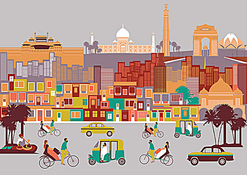 城市,蒙太奇,地标建筑,新德里,印度