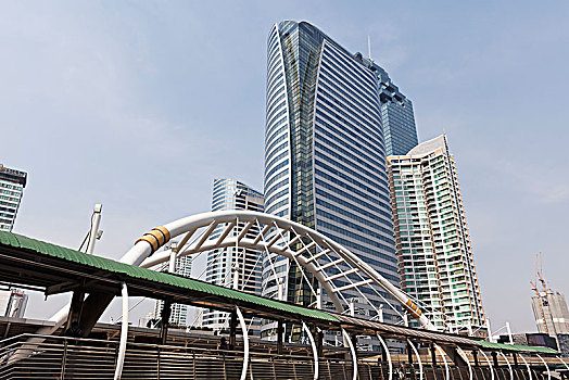 摩天大楼,商务区,步行桥,车站,穿过,曼谷,泰国,亚洲