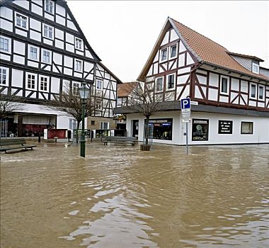 洪水,城镇中心,房子,黑森州,德国,欧洲