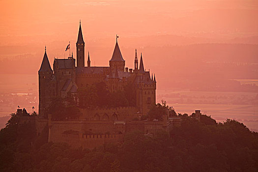 晚间,日落,靠近,霍亨索伦,城堡,巴登符腾堡,德国,欧洲
