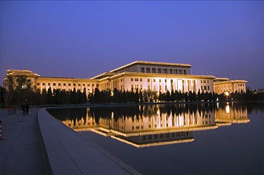 中国,北京,人民大会堂,光亮,反射,水中,后面,天安门广场