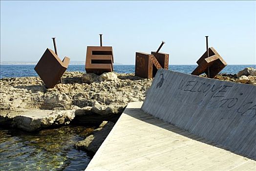 雕塑,文字,地中海海岸,罐,马略卡岛,巴利阿里群岛,地中海,西班牙,欧洲