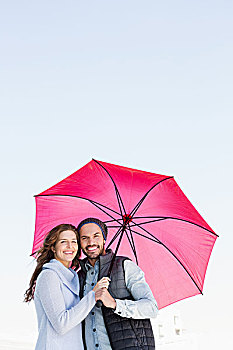 高兴,年轻,情侣,拿着,粉色,伞,头像,一起