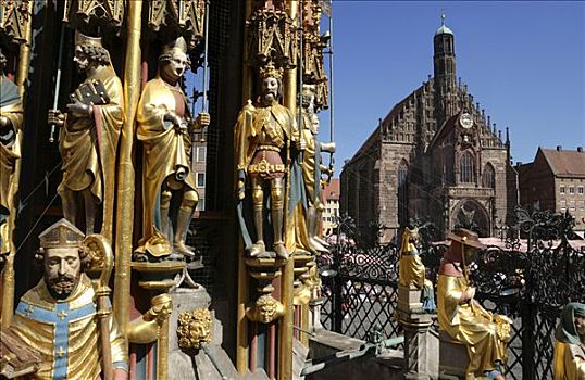 喷泉,圣母教堂,大教堂,市场,纽伦堡,中间,弗兰克尼亚,巴伐利亚,德国,欧洲