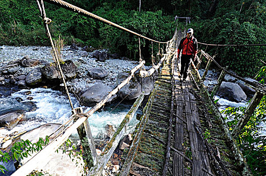 缅甸,区域,一个,男人,穿过,河,竹子,吊桥