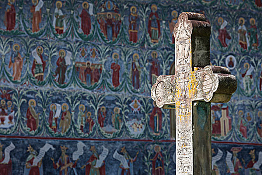 罗马尼亚,布科维纳,区域,寺院,16世纪,户外,宗教,壁画,十字架