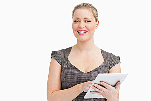 女人,微笑,平板电脑,白色背景
