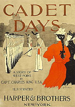 封面,军校学生,白天,国王,酒吧,纽约,1894年,彩色,板画