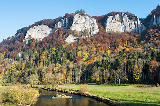 石头,秋天,多瑙河,山谷,巴登符腾堡,德国,欧洲