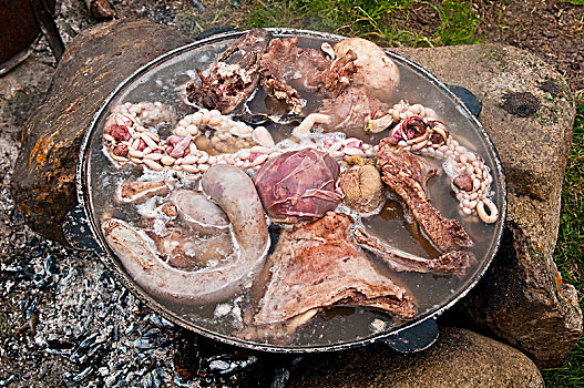 中亚,吉尔吉斯斯坦,省,山谷,绵羊,肉,肠胃,头部,吃剩下