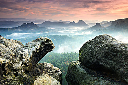风景,日出,晨雾,砂岩,山,撒克逊瑞士,国家公园,萨克森,德国,欧洲