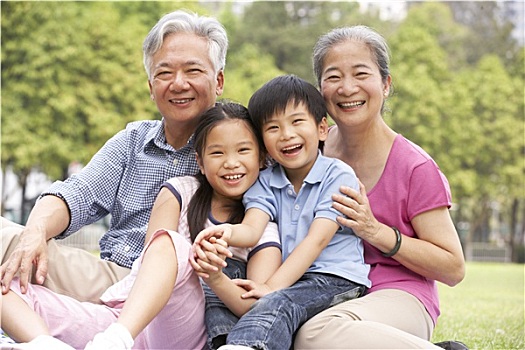 中国人,祖父母,坐,孙辈,公园