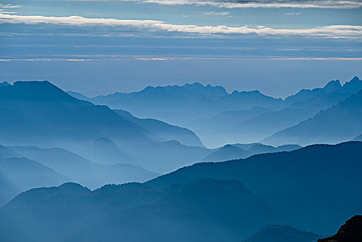 风景,山谷,多洛迈特山,蓝色,雾气,南蒂罗尔,意大利,欧洲