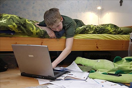 男孩,11岁,工作,电脑,在家,房间,家庭作业,学校