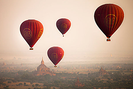 航拍,气球,俯视,古老,庙宇,蒲甘,日出,缅甸
