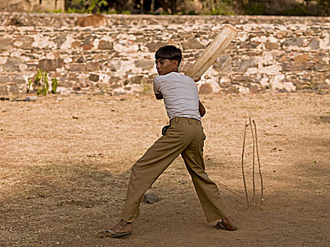 男孩,玩,板球,山,拉贾斯坦邦,印度