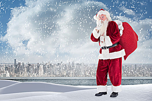 圣诞老人,站立,雪,石台