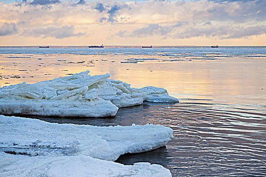 冬天,海边风景,大,冰,碎片,遮盖,雪,海湾,芬兰,俄罗斯