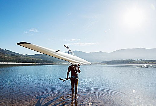 男人,划船,短桨,湖