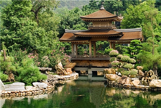 传统,中国,房子,靠近,水塘