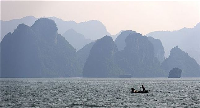 岩石构造,划桨船,下龙湾,河内,东南亚