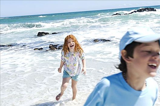 男孩,小女孩,走,海滩,户外