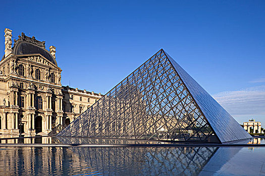 反射,金字塔,水中,卢浮宫金字塔,卢浮宫,巴黎,法兰西岛,法国