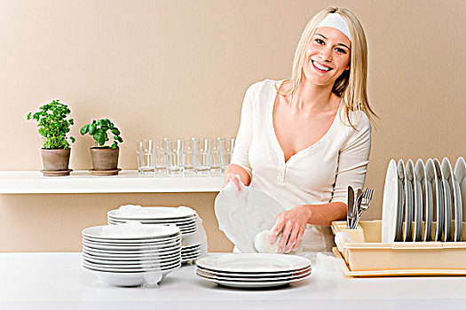 现代,厨房,高兴,女人,洗碗,家务