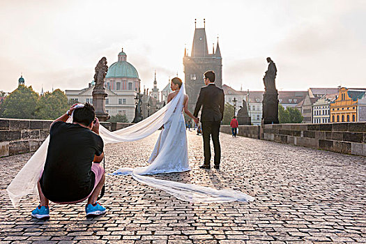 新郎,新娘,照片,查理大桥,布拉格,捷克共和国