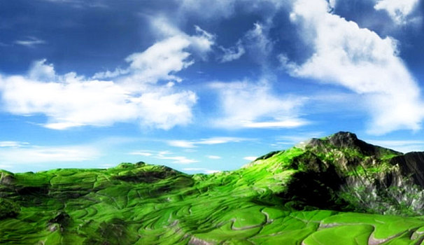 碧绿的丘岭蔚蓝色的天空