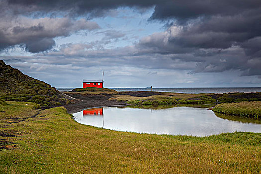 平静,水池,红色,建筑,西部,峡湾,冰岛