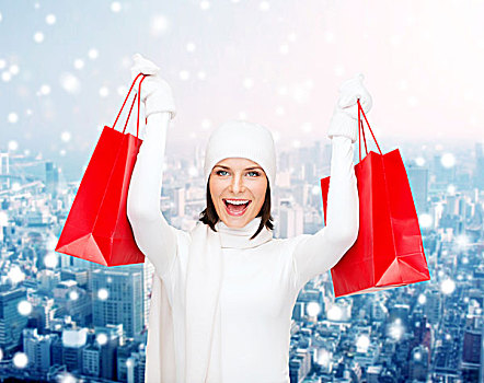 高兴,寒假,圣诞节,人,概念,微笑,少妇,白色,帽子,连指手套,红色,购物袋,上方,雪,城市,背景