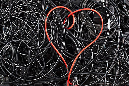 红色,绳,心形,形状,缠结,黑色,线缆