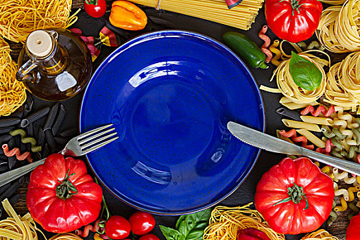 生食,意大利面,蓝色,留白,空,盘子,叉子,刀
