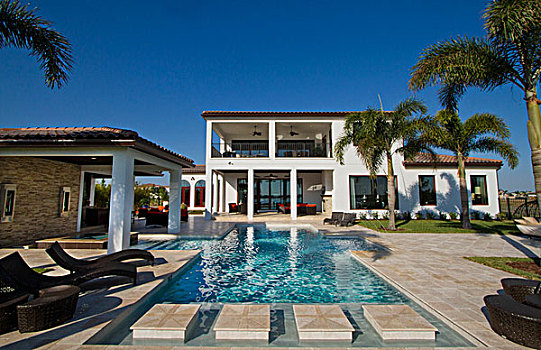 奢华,家,价值,几个,美元,游泳池,棕榈树,蓝天