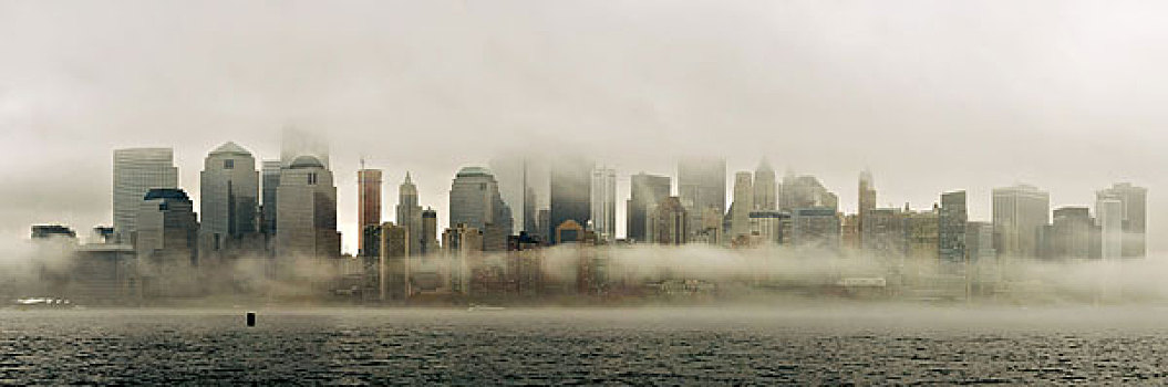 纽约,市区,商务区,全景,雾状,白天