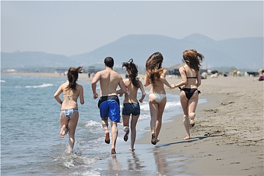高兴,年轻人,群体,开心,海滩