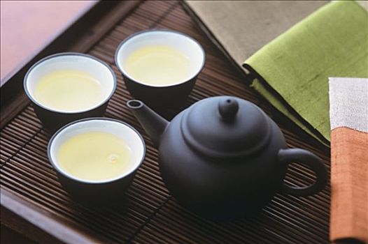 三个,杯子,绿茶,中国茶,服务