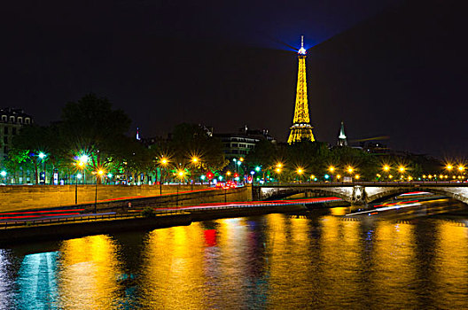 埃菲尔铁塔,夜晚,赛纳河,河,巴黎,法国