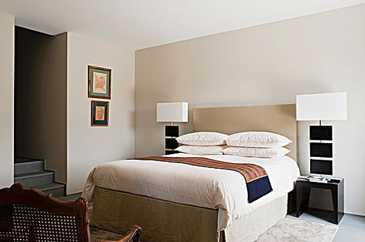 优雅,卧室,床头板,设计师,床边,灯,苍白,灰色,墙壁