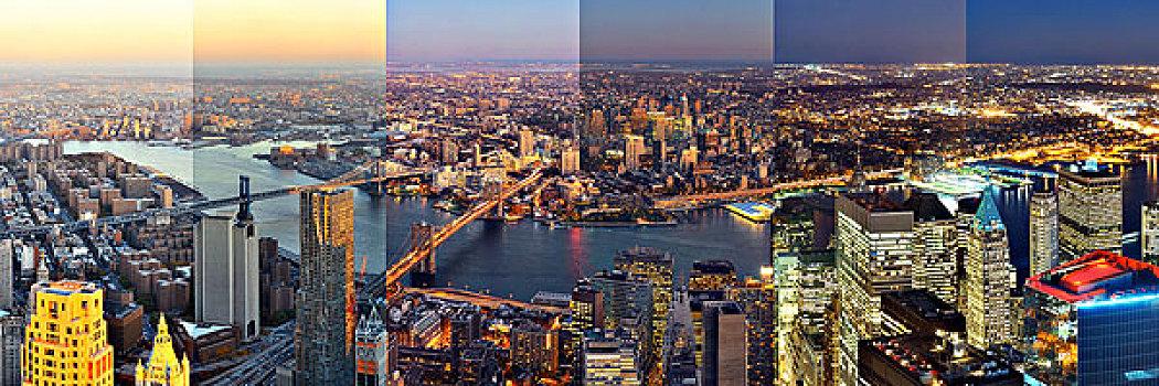 混合,白天,夜晚,纽约,市区,全景,风景