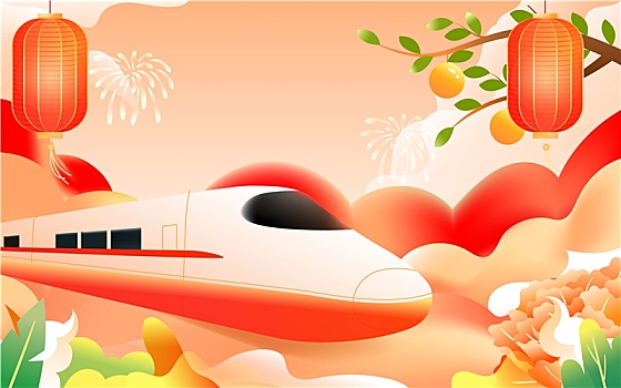 2023兔年春節一家人回家團聚國潮插畫